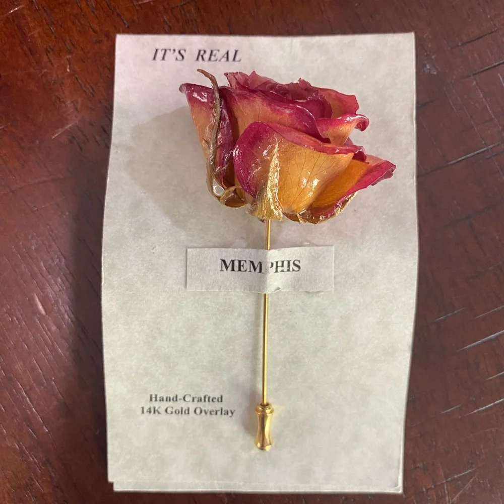 Vintage Handmade Real Rose Stick Pin 14K Gold Overlay Puspa-Danaya